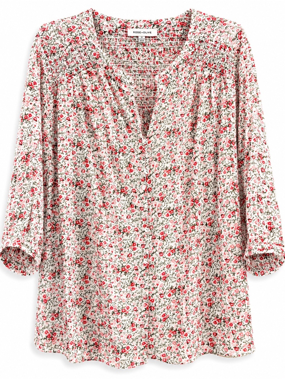 Rose + Olive Floral Smocked Peasant Blouse 1X Cottagecore Boho Top Pink